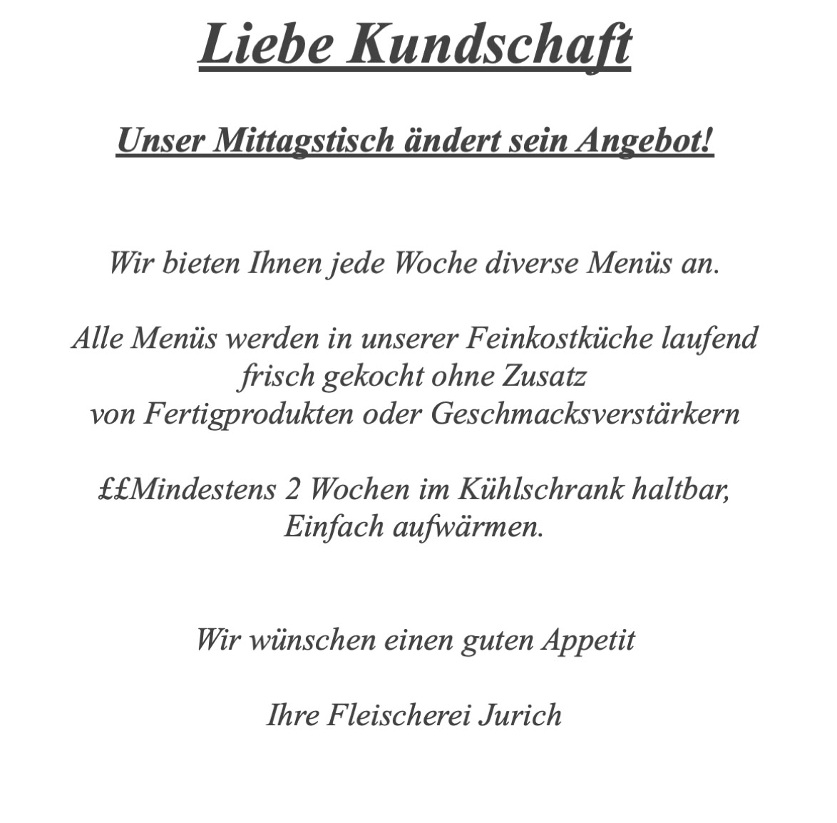 Mittagstisch der Fleischerei Jurich